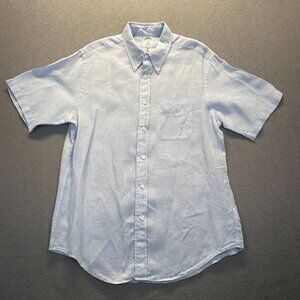 Brooks Brother Shirt Men Size Large Blue Short Sleeve Buttons Pockets 100% Linen